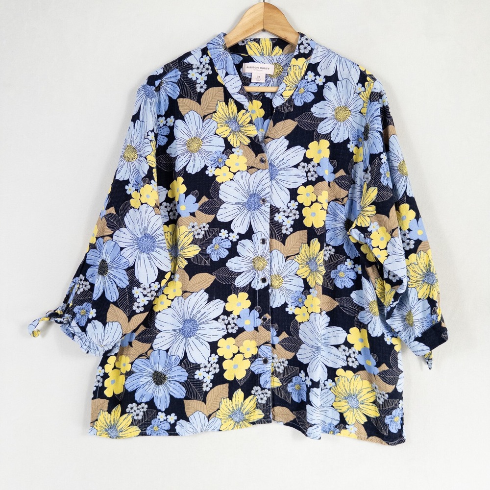 Allison Daley Woman Shirt Sz 2X Blue Yellow Floral Button Up Rayon 3/4 Sleeve